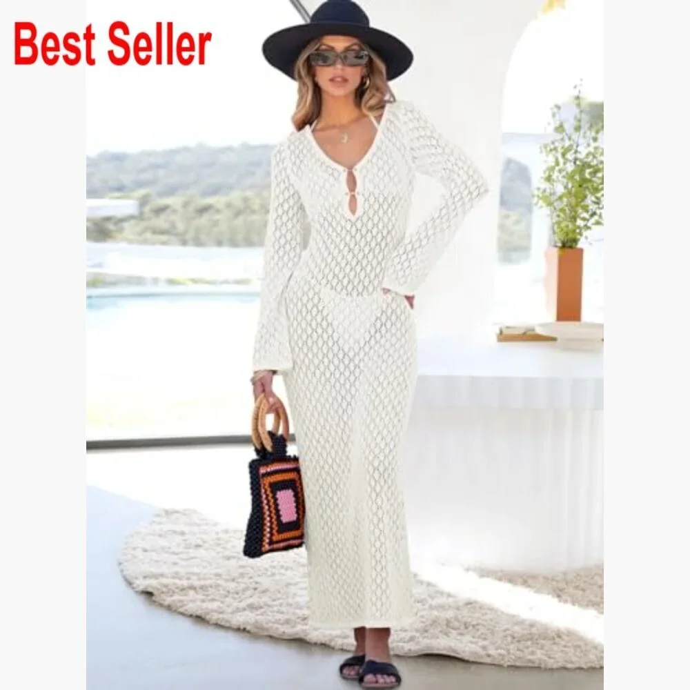 Acrylic Knit Crochet Cover Up Beach Dress V-Neck Hollow Out